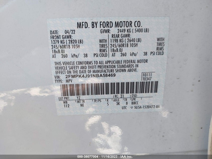 VIN 2FMPK4J91NBA58469 2022 FORD EDGE SEL