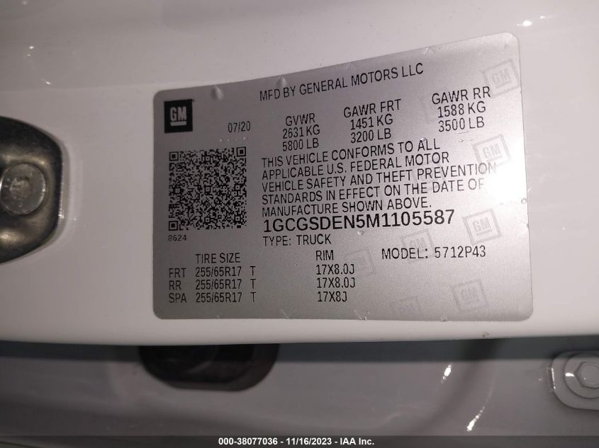 2021 CHEVROLET COLORADO Z71 - 1GCGSDEN5M1105587