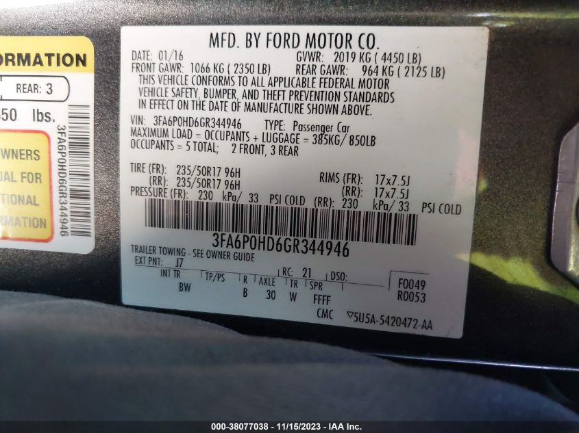 2016 FORD FUSION SE - 3FA6P0HD6GR344946