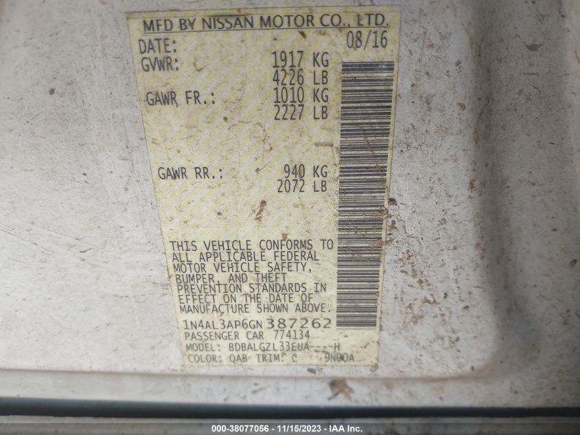 2016 NISSAN ALTIMA 2.5/S/SV/SL/SR - 1N4AL3AP6GN387262