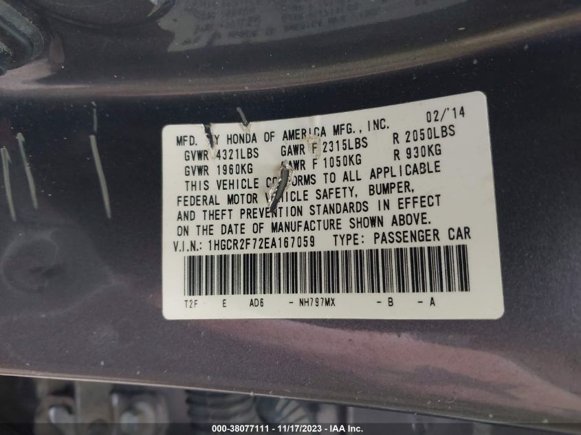 2014 HONDA ACCORD EX - 1HGCR2F72EA167059