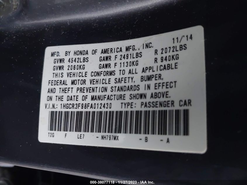 2015 HONDA ACCORD TOURING - 1HGCR3F98FA012430