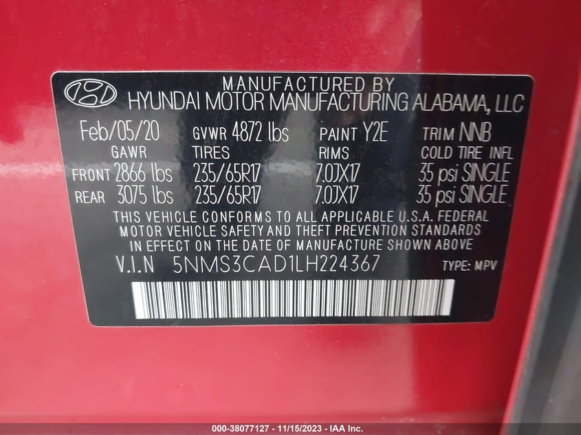 VIN 5NMS3CAD1LH224367 2020 HYUNDAI SANTA FE SEL