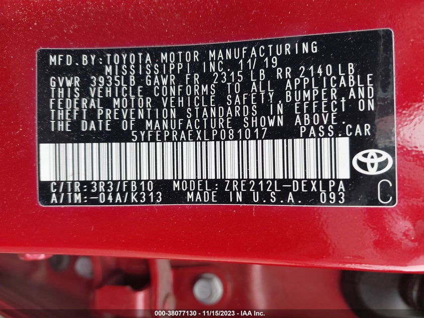 VIN 5YFEPRAEXLP081017 2020 TOYOTA COROLLA LE