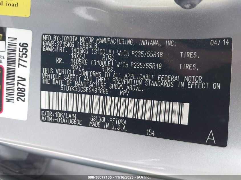 2014 TOYOTA SIENNA XLE/LIMITED - 5TDYK3DC5ES481886