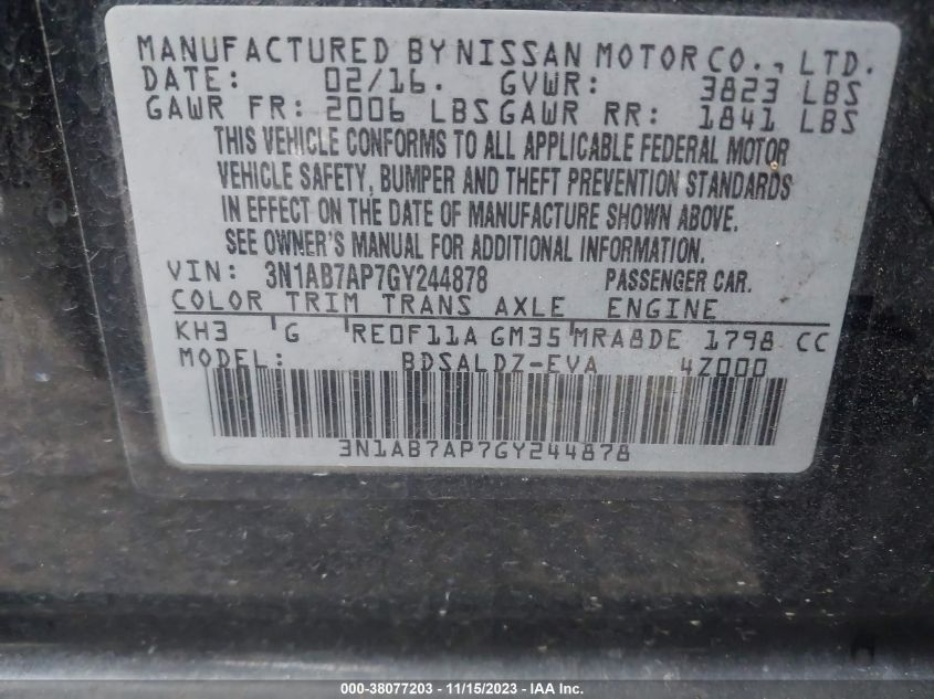 2016 NISSAN SENTRA S/SV/SR/SL - 3N1AB7AP7GY244878