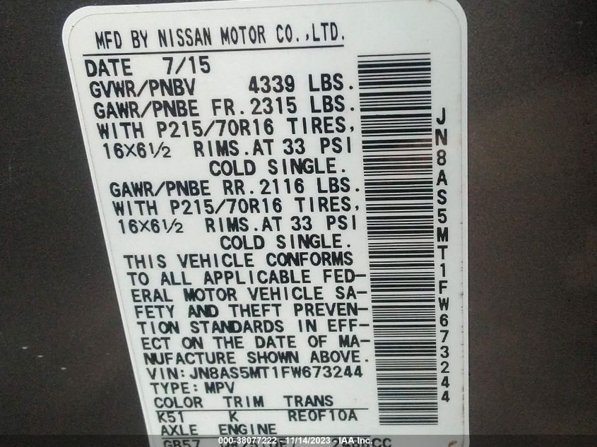 2015 NISSAN ROGUE SELECT S - JN8AS5MT1FW673244