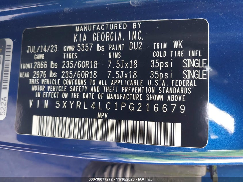 VIN 5XYRL4LC1PG216679 2023 KIA SORENTO S
