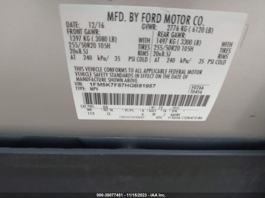 2017 FORD EXPLORER LIMITED - 1FM5K7F87HGB81957