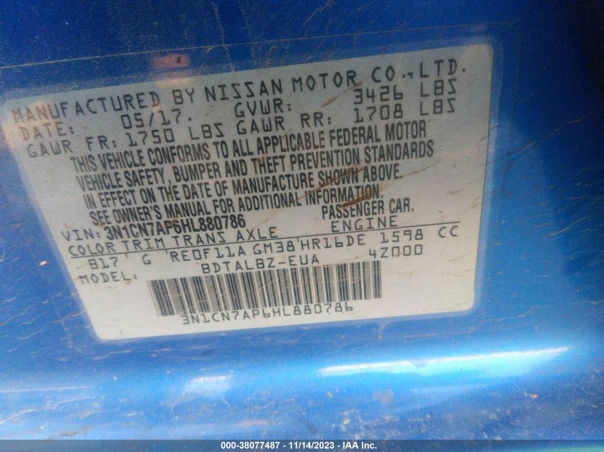 2017 NISSAN VERSA S/S PLUS/SV/SL - 3N1CN7AP6HL880786