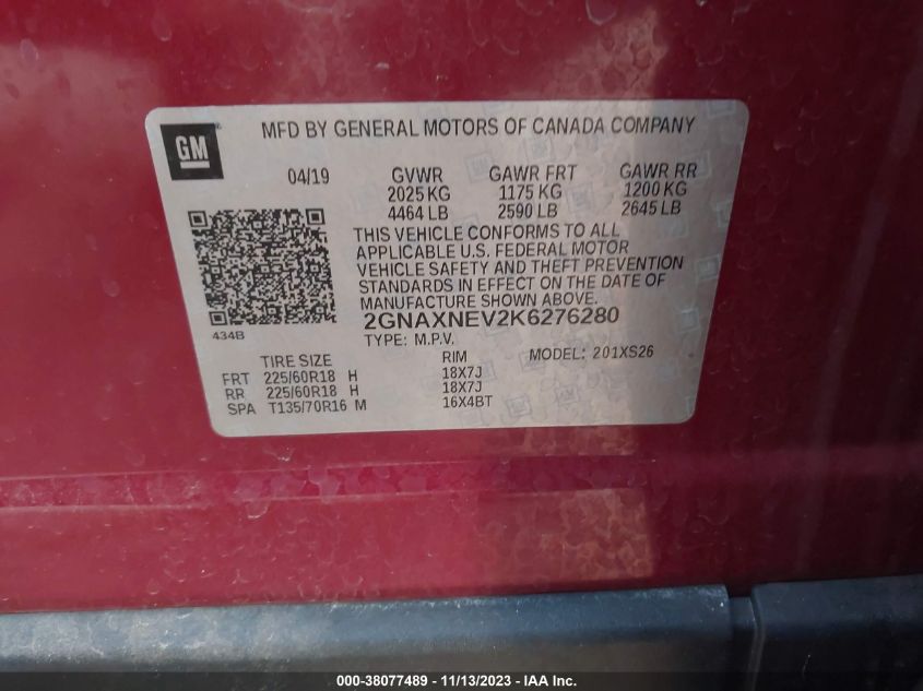2019 CHEVROLET EQUINOX PREMIER - 2GNAXNEV2K6276280