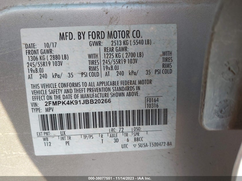 VIN 2FMPK4K91JBB20266 2018 FORD EDGE TITANIUM