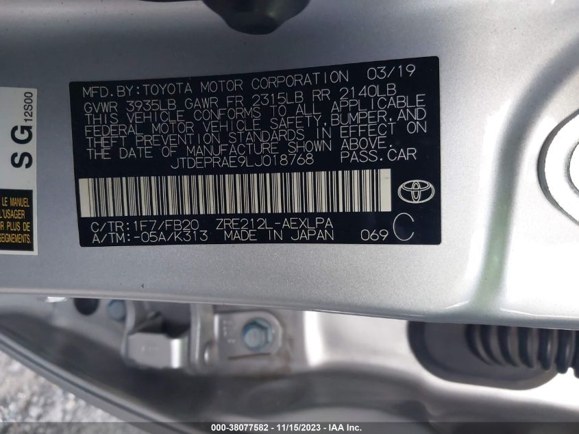 VIN JTDEPRAE9LJ018768 2020 TOYOTA COROLLA LE