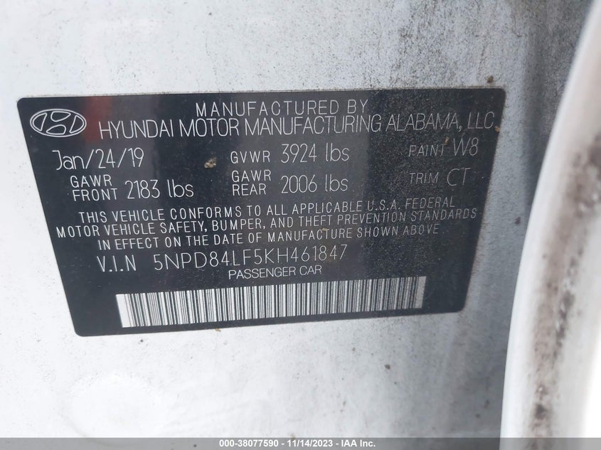 VIN 5NPD84LF5KH461847 2019 HYUNDAI ELANTRA SEL/VALUE/LIMITED