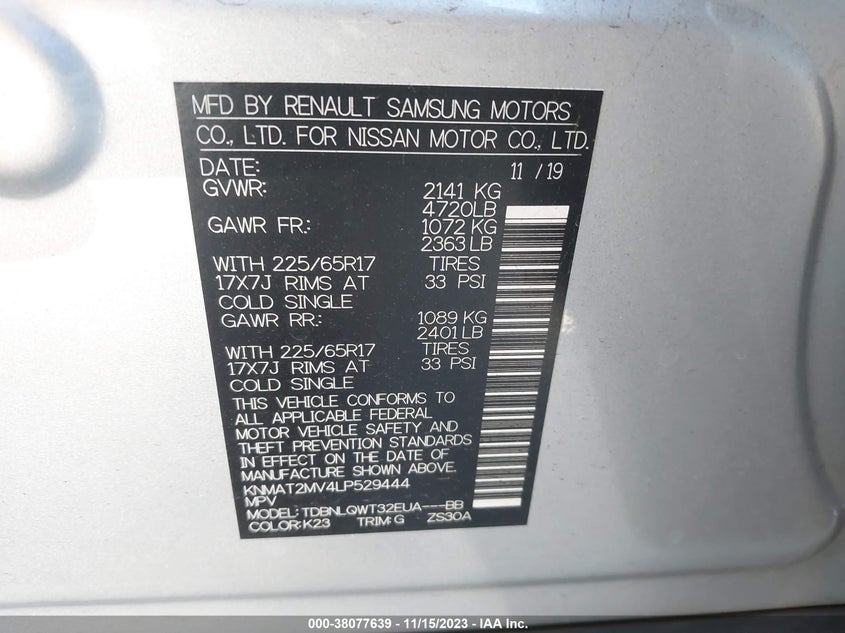 VIN KNMAT2MV4LP529444 2020 NISSAN ROGUE S/SV