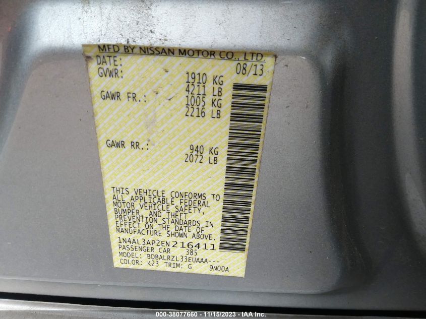 2014 NISSAN ALTIMA 2.5/S/SV/SL - 1N4AL3AP2EN216411