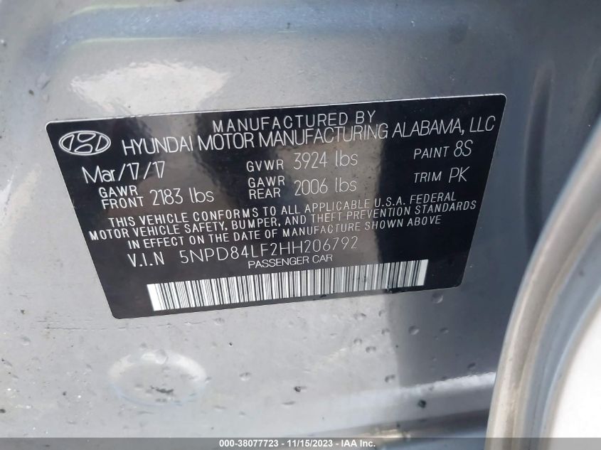 2017 HYUNDAI ELANTRA SE - 5NPD84LF2HH206792