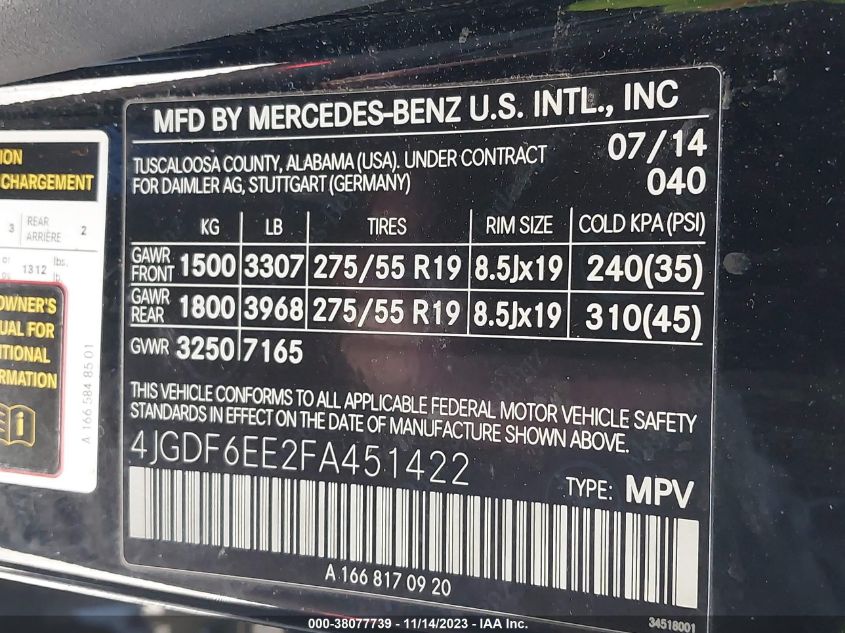 2015 MERCEDES-BENZ GL 450 4MATIC 4JGDF6EE2FA451422