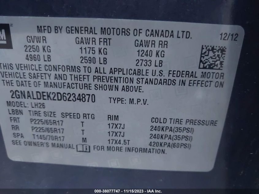 2013 CHEVROLET EQUINOX LT - 2GNALDEK2D6234870