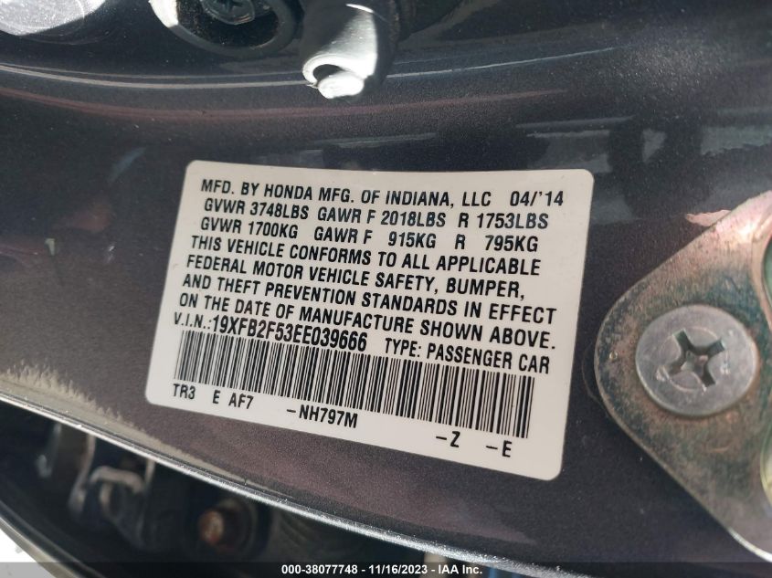 2014 HONDA CIVIC LX - 19XFB2F53EE039666