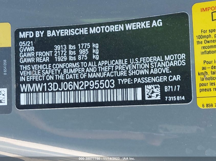 2022 MINI SE HARDTOP COOPER WMW13DJ06N2P95503
