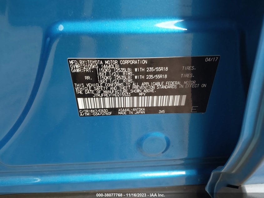 VIN JTMJFREV1HD215533 2017 TOYOTA RAV4 SE