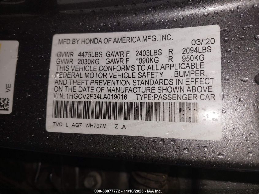 2020 HONDA ACCORD SPORT - 1HGCV2F34LA019016