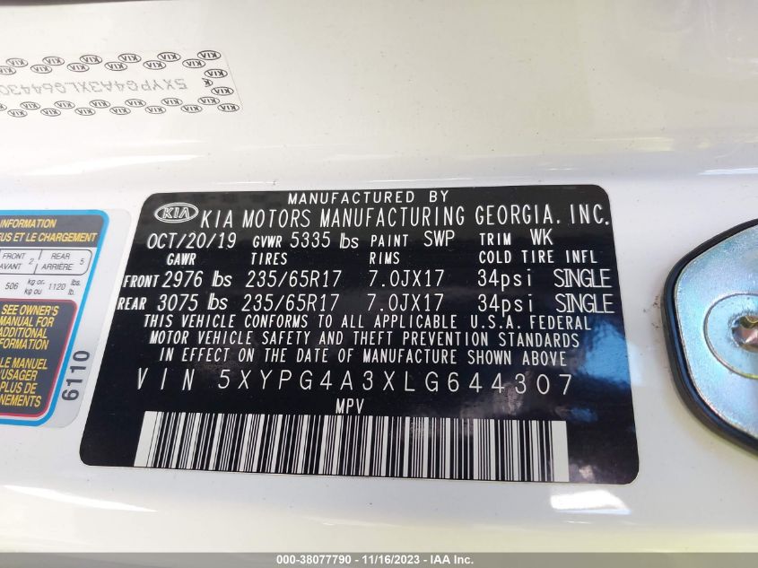 2020 KIA SORENTO 2.4L L - 5XYPG4A3XLG644307