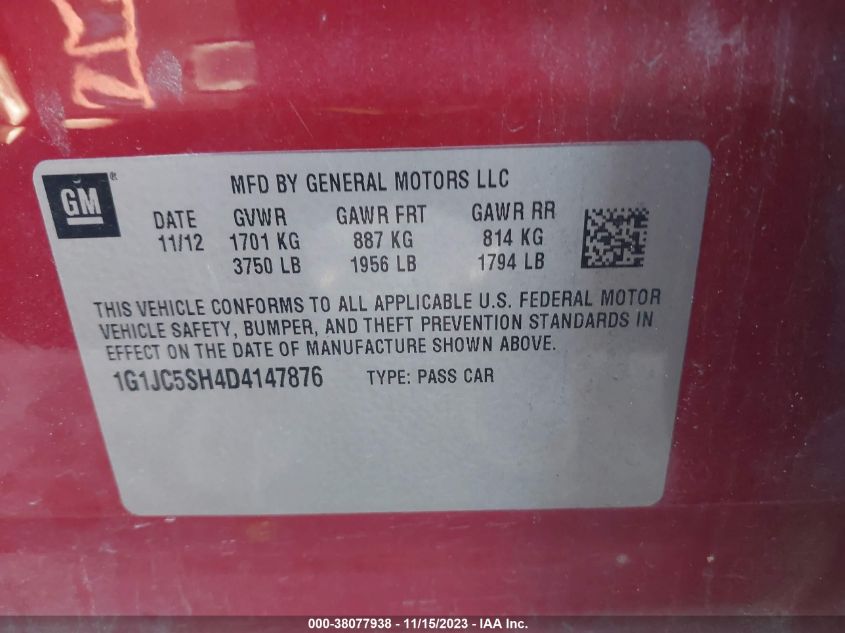 2013 CHEVROLET SONIC LT - 1G1JC5SH4D4147876