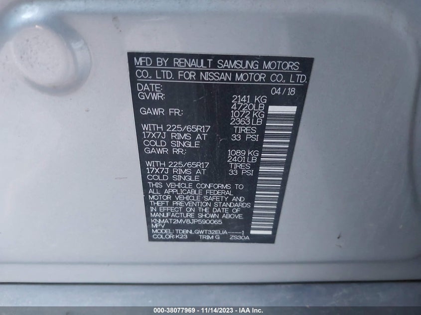VIN KNMAT2MV8JP590065 2018 NISSAN ROGUE SV