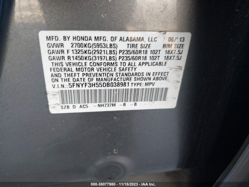 2013 HONDA PILOT EXL - 5FNYF3H55DB038981