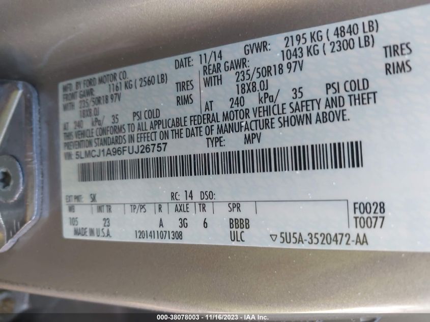 2015 LINCOLN MKC - 5LMCJ1A96FUJ26757