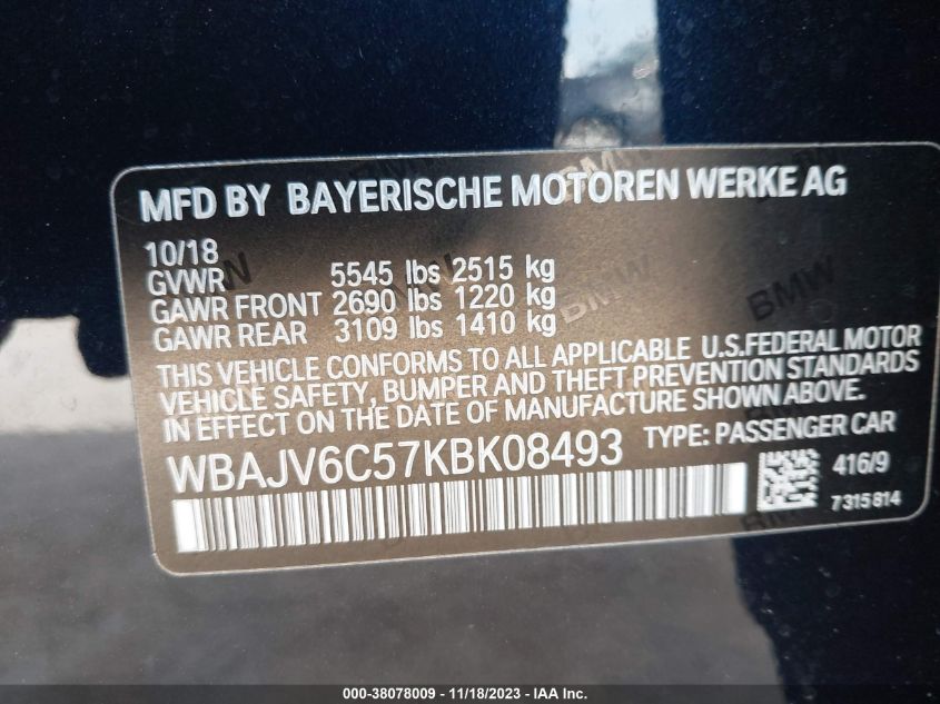 2019 BMW 640I GRAN TURISMO XDRIVE WBAJV6C57KBK08493