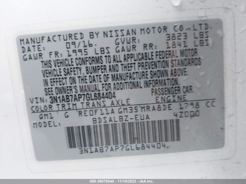 2016 NISSAN SENTRA S - 3N1AB7AP7GL684404