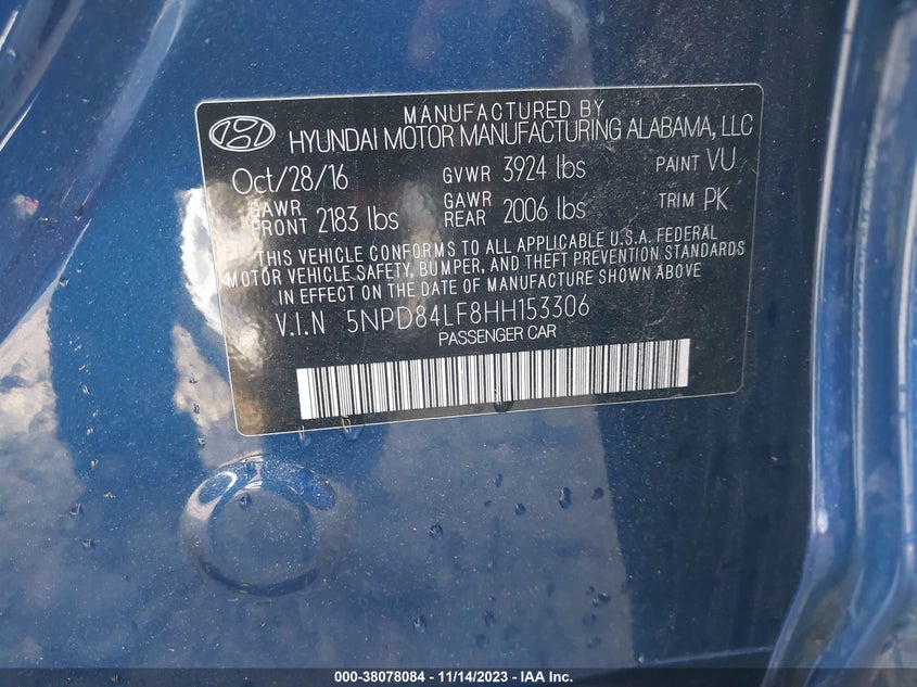VIN 5NPD84LF8HH153306 2017 HYUNDAI ELANTRA SE