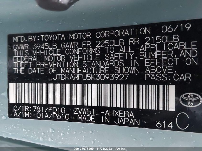 JTDKARFU5K3093927 Toyota Prius L ECO/LE/XLE/LIMITED 9