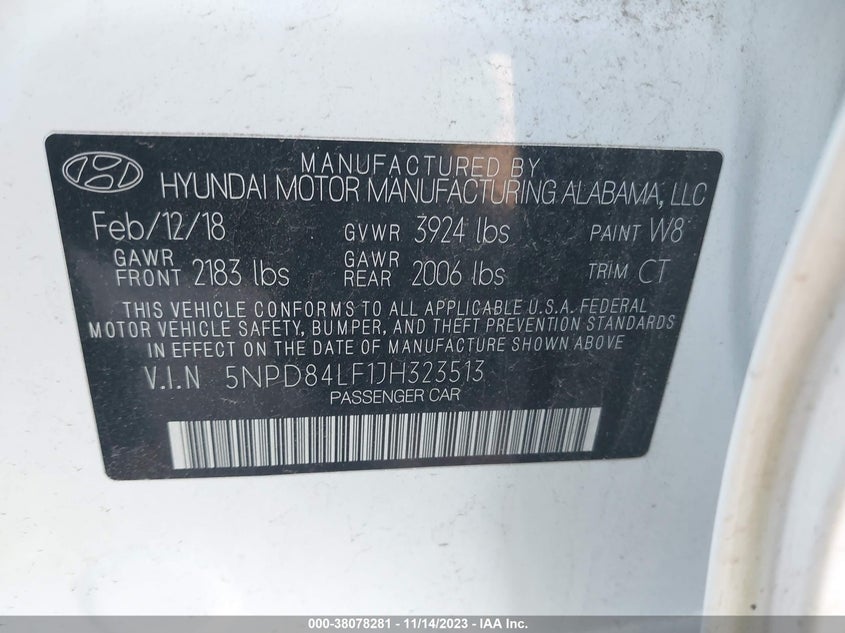 VIN 5NPD84LF1JH323513 2018 HYUNDAI ELANTRA SEL/VALUE/LIMITED