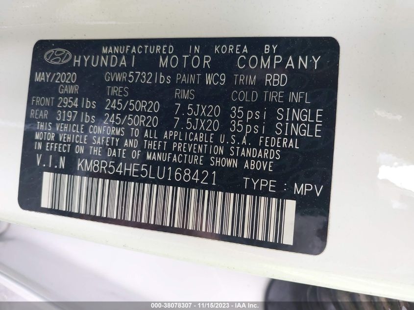 VIN KM8R54HE5LU168421 2020 HYUNDAI PALISADE no.9