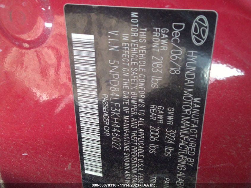 VIN 5NPD84LF3KH446022 2019 HYUNDAI ELANTRA SEL