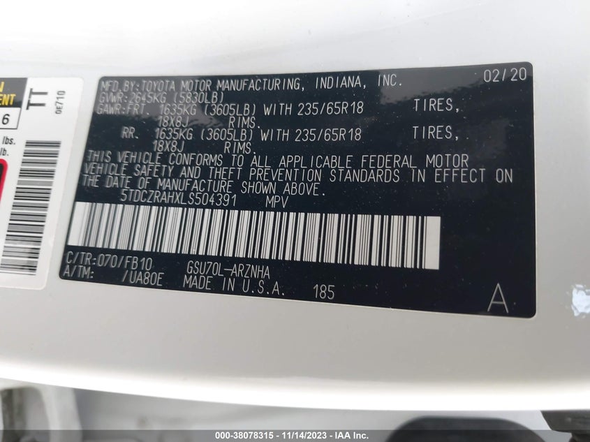 2020 TOYOTA HIGHLANDER L VIN: 5TDCZRAHXLS504391