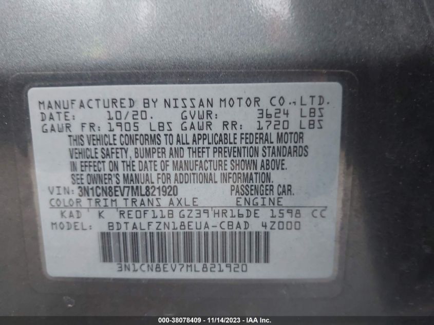 2021 NISSAN VERSA SV - 3N1CN8EV7ML821920