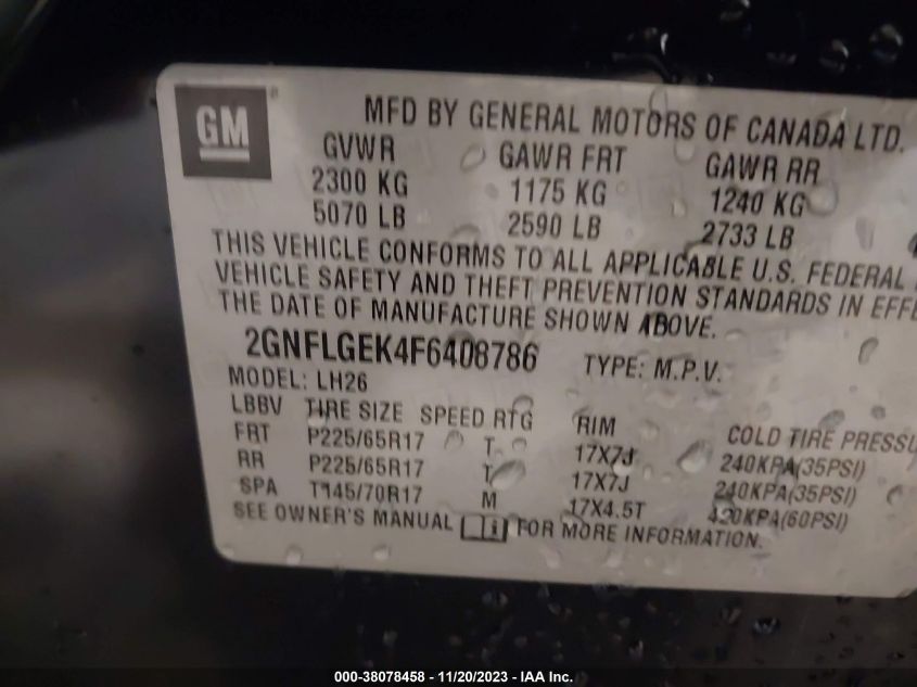 2015 CHEVROLET EQUINOX 2LT - 2GNFLGEK4F6408786