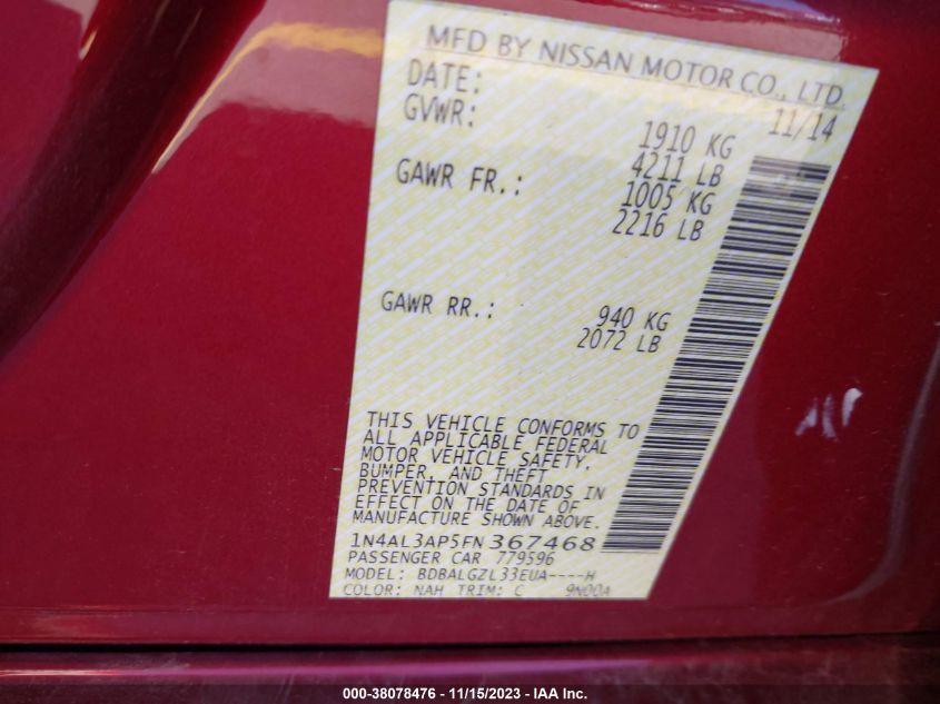 2015 NISSAN ALTIMA 2.5/S/SV/SL - 1N4AL3AP5FN367468