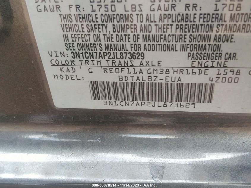 2018 NISSAN VERSA 1.6 SV - 3N1CN7AP2JL873629