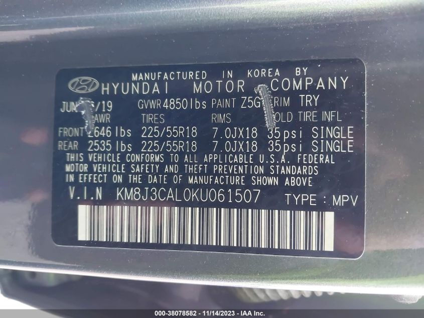 2019 HYUNDAI TUCSON SEL - KM8J3CAL0KU061507