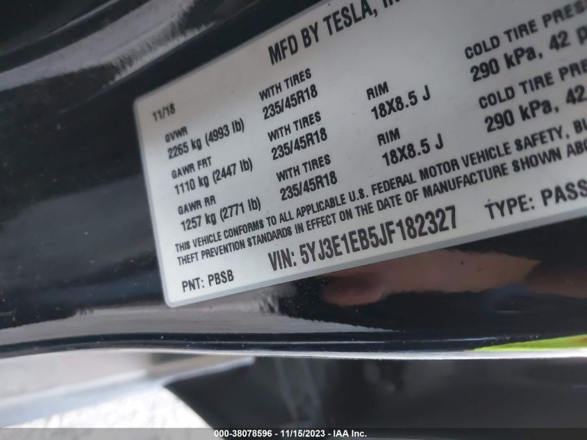 2018 TESLA MODEL 3 LONG RANGE/PERFORMANCE - 5YJ3E1EB5JF182327