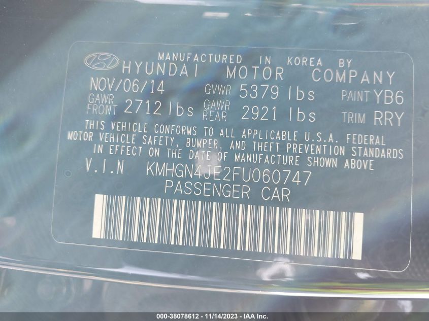 2015 HYUNDAI GENESIS 3.8L - KMHGN4JE2FU060747