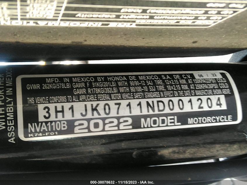 2022 HONDA NVA110 B 3H1JK0711ND001204