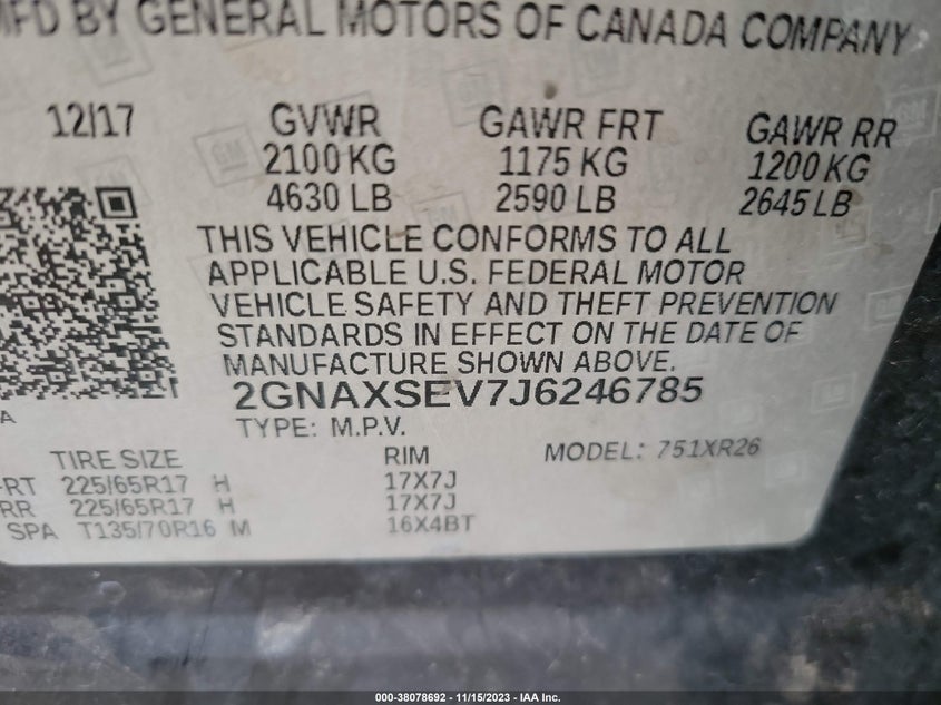 VIN 2GNAXSEV7J6246785 2018 CHEVROLET EQUINOX LT