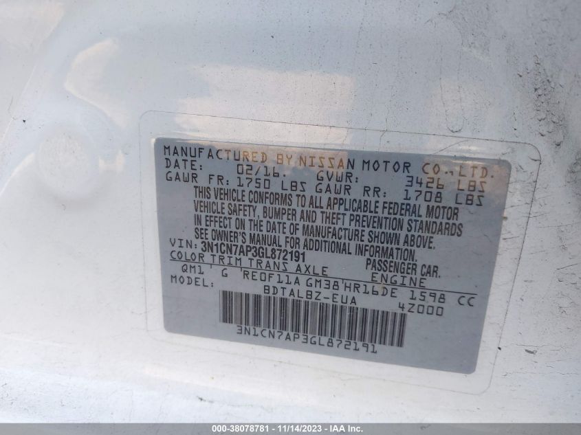 2016 NISSAN VERSA S/S PLUS/SV/SL - 3N1CN7AP3GL872191